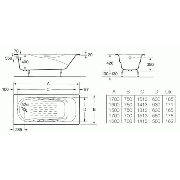 Ванна чугунная Roca Malibu 160x75 с отв. под ручки и противоскользящим покрытием (2310G000R)