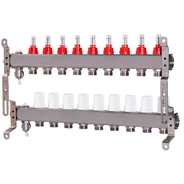 Коллекторная группа 9 отводов 1"*3/4"(18) ЕК с расходомерами Okseler (нерж.ст) с дренажным краном и краном Маевского (Oks00319)