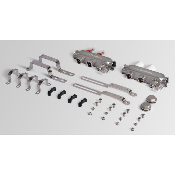 Коллекторная группа 2 отвода 1"*3/4"(18) ЕК с расходомерами Okseler (нерж.ст) с дренажным краном и краном Маевского (Oks00312)