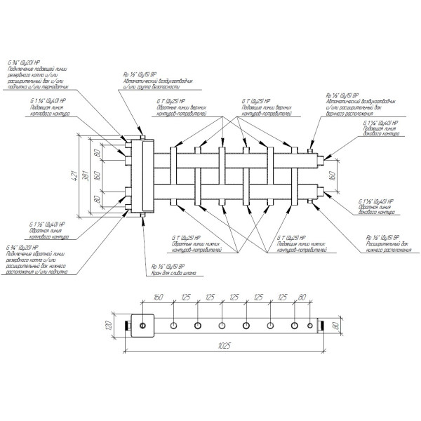 Коллектор балансировочный Gidruss BM-150-7DU (до 150 кВт, подкл. котла G 1 1/2", 3+3 контура G 1" + 1 боковой контур G 1 1/2", ст. 09Г2С) Коллектор балансировочный Gidruss BM-150-7DU (до 150 кВт, подкл. котла G 1 1/2", 3+3 контура G 1" + 1 боковой контур G 1 1/2", ст. 09Г2С)