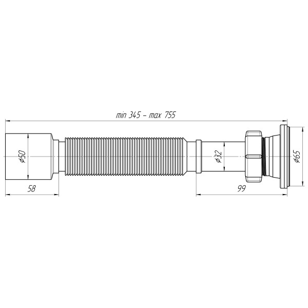 Сифон 32 мм. гофрированный с выпуском 1 1/4"(65 мм.)*50 АНИ (345-755 мм.) АНИ пласт (G205)