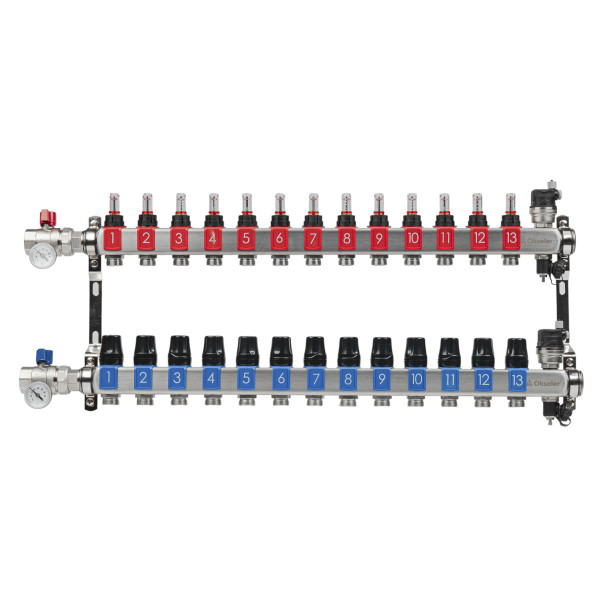 Коллекторная группа 13 отводов 1"*3/4"(18) ЕК с расходомерами Okseler (нерж.ст) с автоматическими воздухоотводчикоми и шаровыми кранами с термометрами