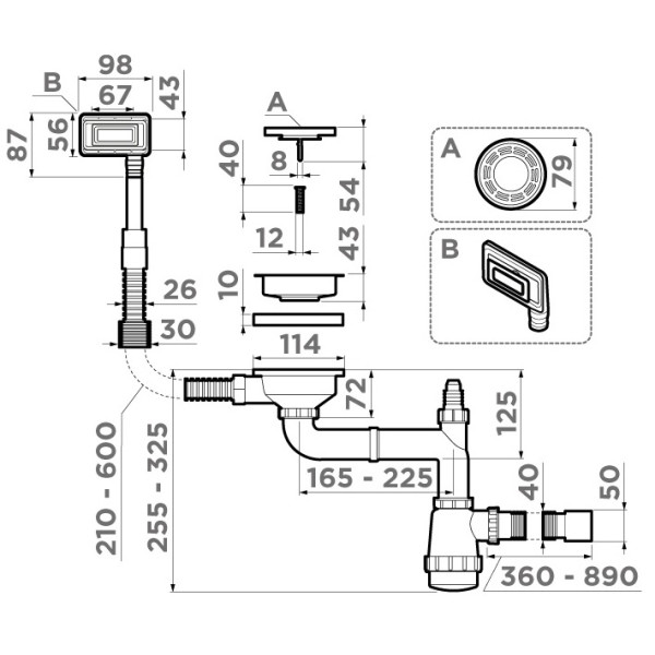 Сифон для мойки Omoikiri с универсальным прямоугольным переливом WK-1-UN-IN сталь нержавеющая (4956777)