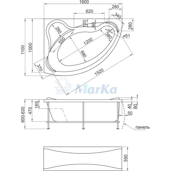 Ванна акриловая 1MarKa Catania 150*105 R без гидромассажа