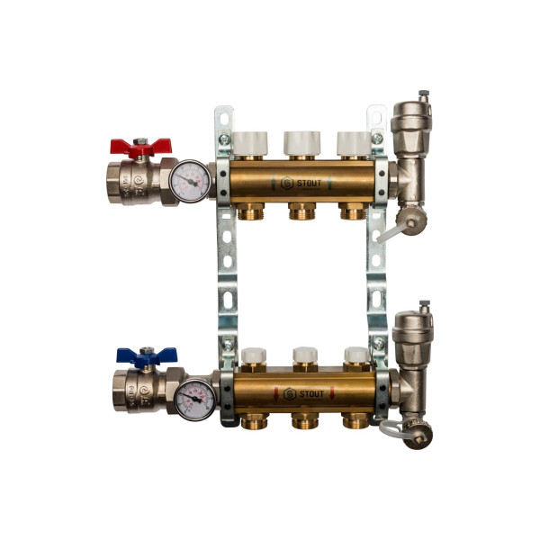 Коллекторная группа 3 отвода 1"x3/4"(18)EK в сборе без расходомеров Stout (латунь) (SMB-0468-000003)