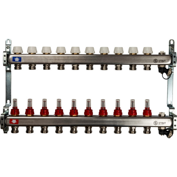 Коллекторная группа 10 отводов 1"x3/4"(18)EK с расходомерами, с клапаном вып. воздуха и сливом Stout (нерж.сталь) (SMS-0927-000010)