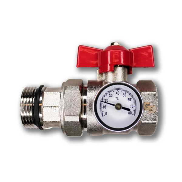 Кран 1" шаровый со сгоном и термометром Geschaften для коллекторных групп серии 1185 (красная бабочка) (GS4012)