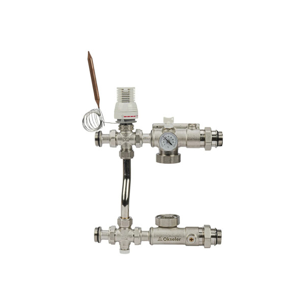 Модуль подмешивающий Okseler с термостатом 20-60°С, с перепускным клапаном, без насоса 130 мм (Oks00738)