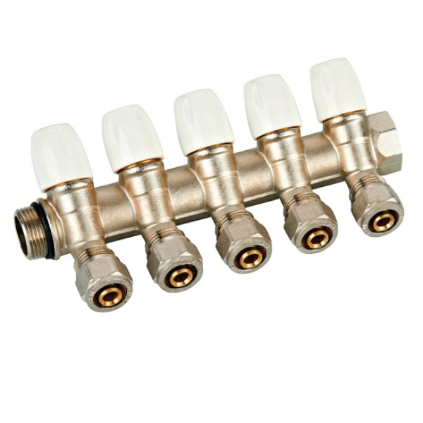 Коллектор 5 отв. регулируемый 3/4"*1/2(16) с адаптерами Vieir (никель, белые ручки) (VR515) Коллектор 5 отв. регулируемый 3/4"*1/2(16) с адаптерами Vieir (никель, белые ручки) (VR515)