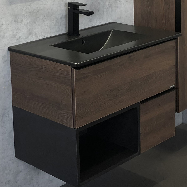 Тумба подвесная с раковиной Comforty Франкфурт 750x465x560 дуб шоколадно-коричневый/черный (00-00000889)