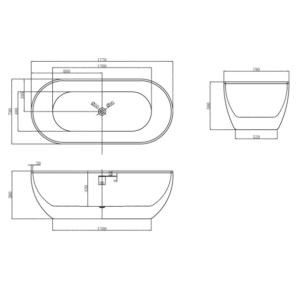 Ванна акриловая отдельностоящая Abber AB9241 172х79