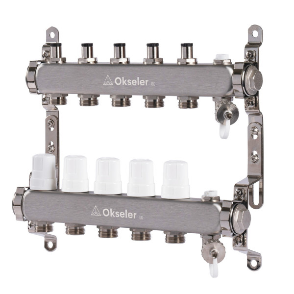 Коллекторная группа 5 отводов 1"*3/4"(18) ЕК с регулировочными клапанами Okseler (нерж.ст) с дренажным краном и краном Маевского (Oks00304)