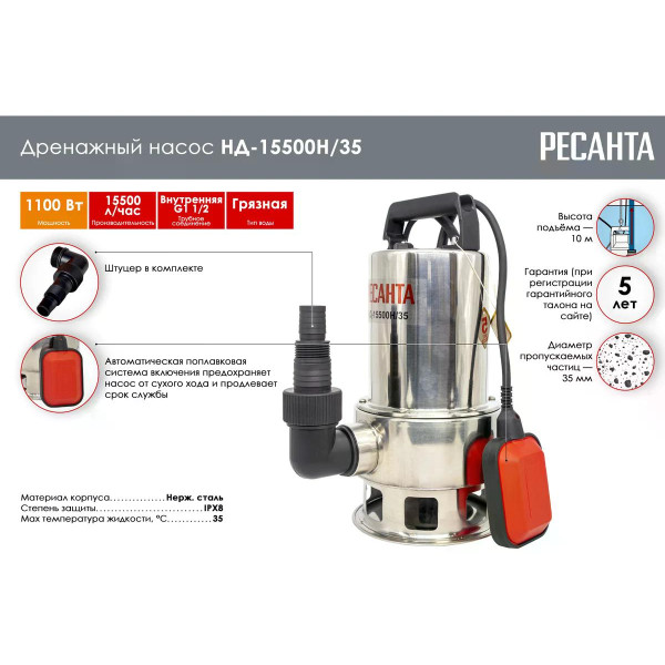 Насос дренажный Ресанта НД-15500Н/35 (77/2/2) Насос дренажный Ресанта НД-15500Н/35 (77/2/2)