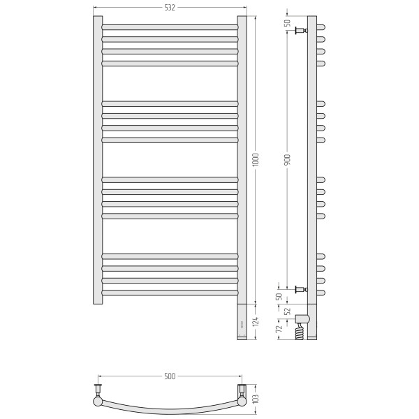 Полотенцесушитель электрический Сунержа Богема 3.0 выгнутая 1000x500 провод справа матовый белый (30-5803-1050)