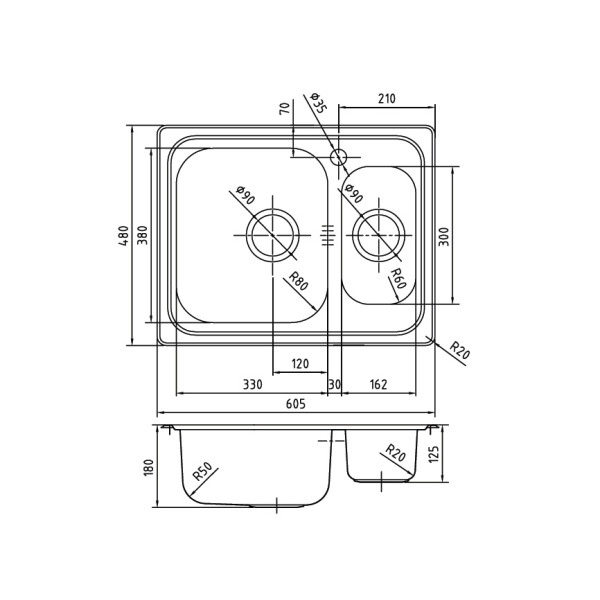 Мойка для кухни врезная Iddis Strit 605х480х180 нержавеющая сталь, полированная, 1 1/2, чаша справа (STR60PZi77)