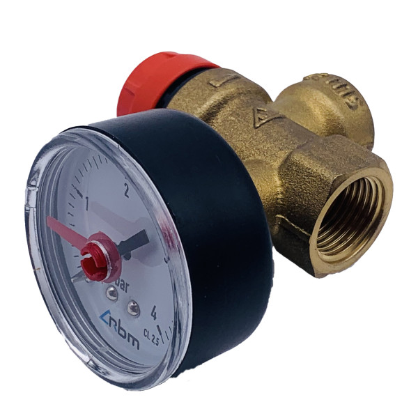 Клапан предохранительный с манометром RBM 1/2"ВВ 1,5 бар (353.04.10) Клапан предохранительный с манометром RBM 1/2"ВВ 1,5 бар (353.04.10)