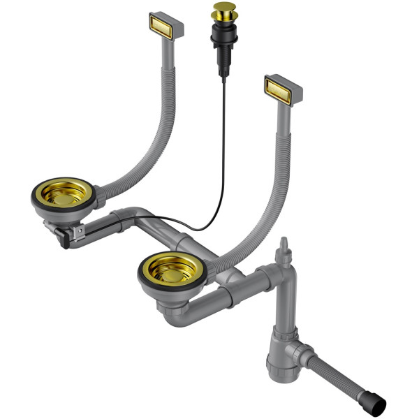 Сифон для двухчашевых моек Omoikiri с прямоугольными переливами, декоративными решетками и клапаном-автомат WK-2-LG-A светлое золото (4956495)