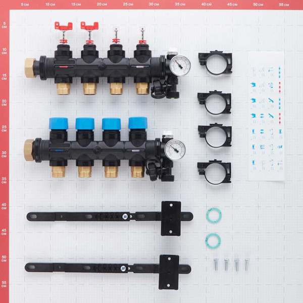 Коллекторная группа Henco 4 отвода 1"-3/4" НР ЕК M30х1,5 мм. с расходомерами и термометрами (композит) (UFH-0605MDK04-03L)