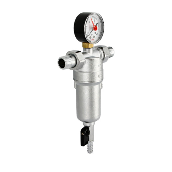 Фильтр с манометром самоочищающийся 1/2" со сгонами Uni-Fitt 100 мкм (хром) (214C2300)