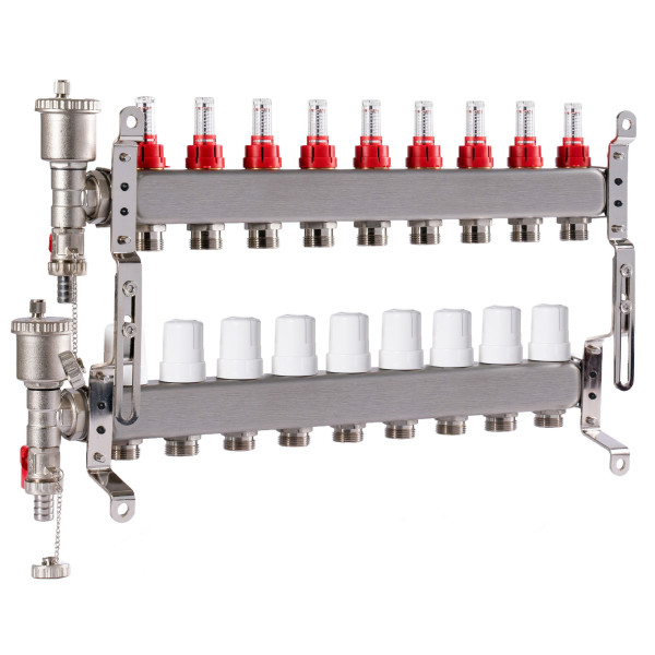Коллекторная группа 9 отводов 1"*3/4"(18) ЕК с расходомерами Okseler (нерж.ст) с автоматическим воздухоотводчиком и спускным краном (Oks00347)