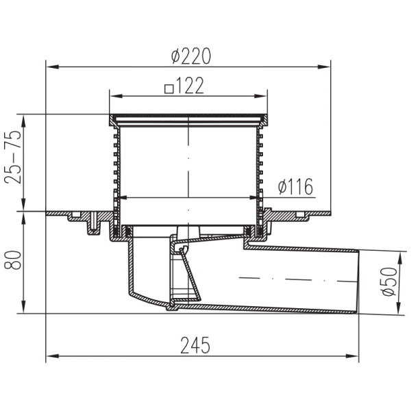 Трап MCH с боковым сливом универсальный DN50 решетка и рамка нерж. 122х122 (г/з+с/з) Трап MCH с боковым сливом универсальный DN50 решетка и рамка нерж. 122х122 (г/з+с/з)