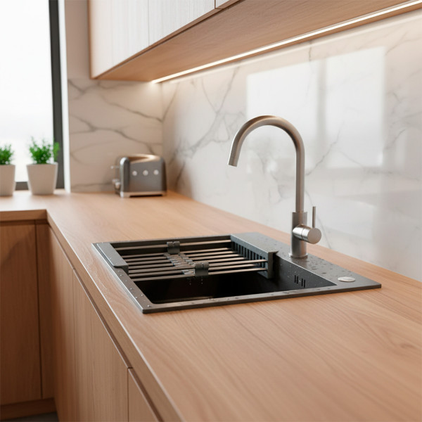 Мойка для кухни Azario Nicole 500х500х220 в комплекте сифон диспенсер коландер серая соты (AZG5050H)