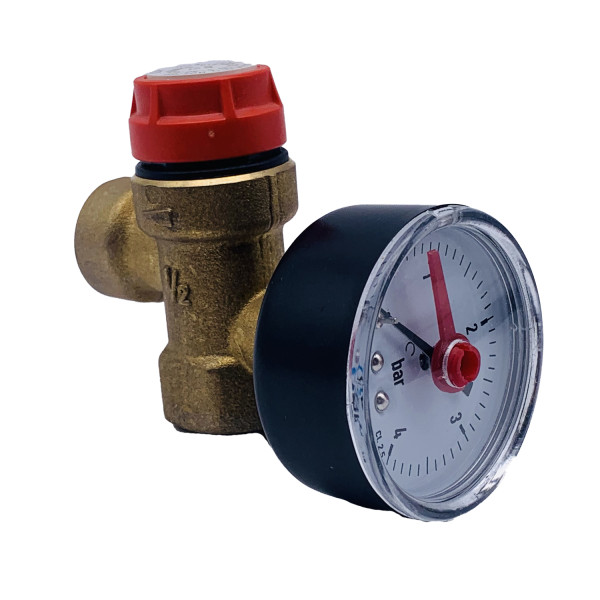 Клапан предохранительный с манометром RBM 1/2"ВВ 1,5 бар (353.04.10) Клапан предохранительный с манометром RBM 1/2"ВВ 1,5 бар (353.04.10)