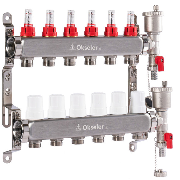 Коллекторная группа 6 отводов 1"*3/4"(18) ЕК с расходомерами Okseler (нерж.ст) с автоматическим воздухоотводчиком и спускным краном (Oks00344)