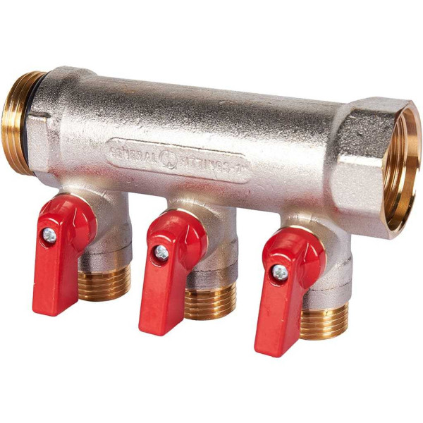 Коллектор 3 отвода с шаровыми клапанами 1"x1/2"(16) Stout (никель, красные ручки) (SMB-6210-011203) Коллектор 3 отвода с шаровыми клапанами 1"x1/2"(16) Stout (никель, красные ручки) (SMB-6210-011203)