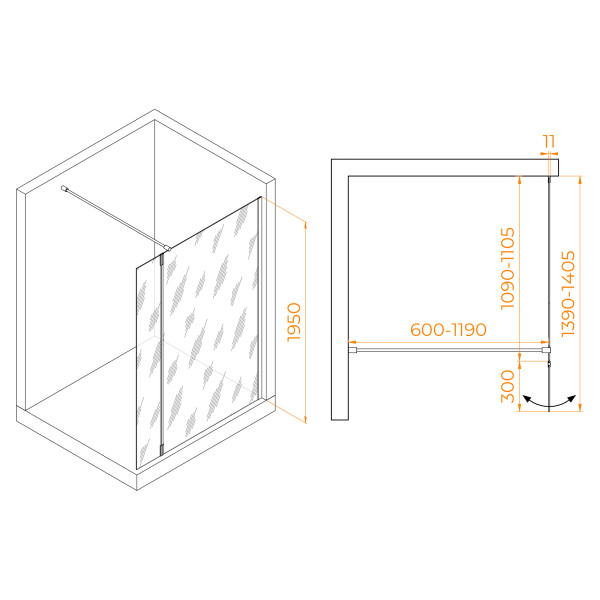 Душевая перегородка RGW WA-050B (WA-002B + Z-070B) 1100 стекло прозрачное, профиль черный (351005013-14)