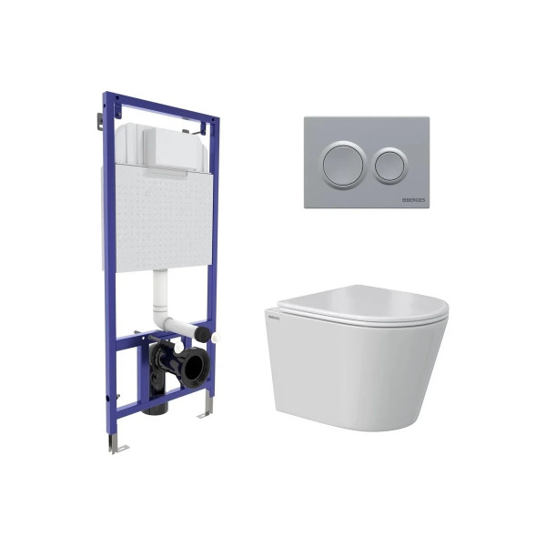 Комплект инсталляция с унитазом Berges Novum кнопка L1 белая, унитаз Vita Rimless 49 см, сиденье с soft-close (043373)