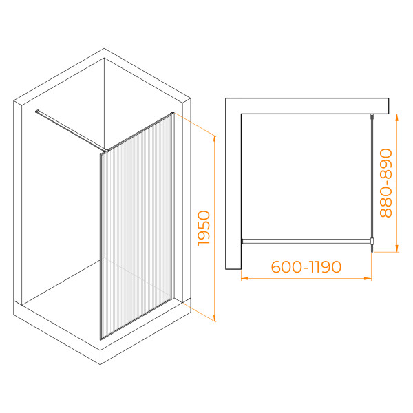 Душевое ограждение RGW Walk In 90x195 стекло Ribbed (ребристое), профиль золото BRUSH (06100809-156)