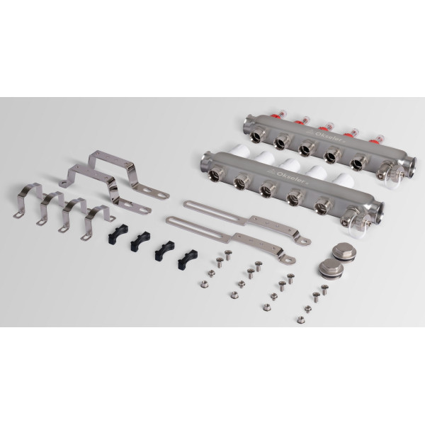 Коллекторная группа 5 отводов 1"*3/4"(18) ЕК с расходомерами Okseler (нерж.ст) с дренажным краном и краном Маевского (Oks00315)