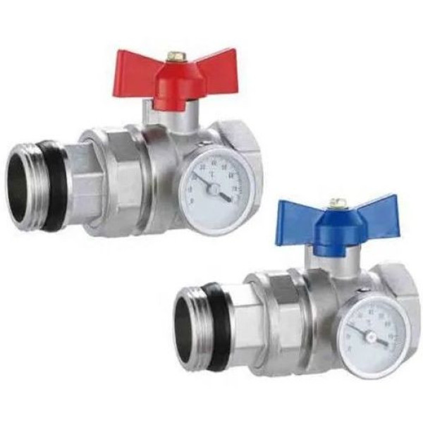 Комплект прямых шаровых кранов 1" со сгоном и термометром Kromwell (синяя и красная бабочка) (KW.ST604446S) Комплект прямых шаровых кранов 1" со сгоном и термометром Kromwell (синяя и красная бабочка) (KW.ST604446S)