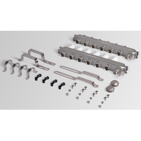 Коллекторная группа 6 отводов 1"*3/4"(18) ЕК с регулировочными клапанами Okseler (нерж.ст) с дренажным краном и краном Маевского (Oks00305)