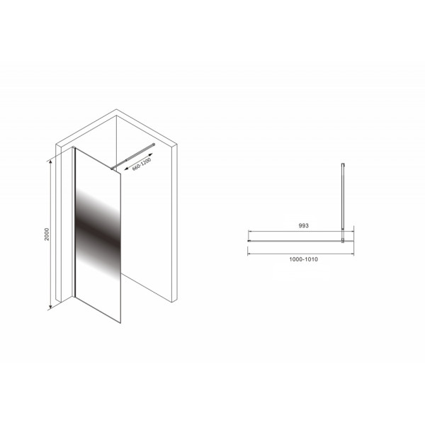 Душевая стенка Abber Immer Offen 100x200 стекло прозрачное/тонированное, профиль черный (AG69103BS)