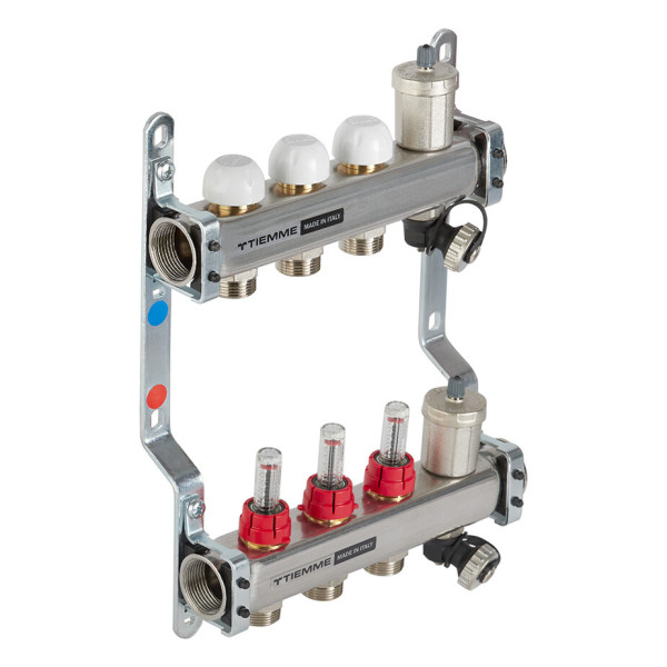 Коллекторная группа Tiemme 3 отвода 1"-3/4" НР ЕК M30х1,5 мм. с расходомерами (нерж.ст) (3920129)