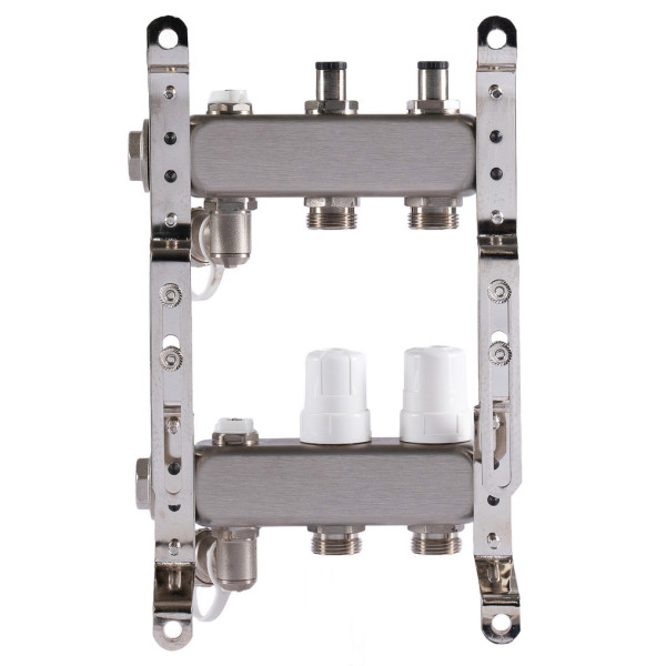 Коллекторная группа 2 отвода 1"*3/4"(18) ЕК с регулировочными клапанами Okseler (нерж.ст) с дренажным краном и краном Маевского (Oks00301)