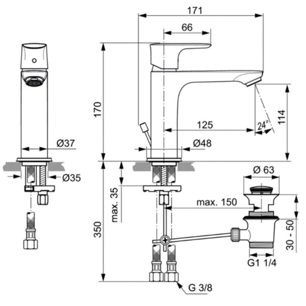 Смеситель для раковины Ideal Standard Connect Air с донным клапаном, хром (A7012AA)