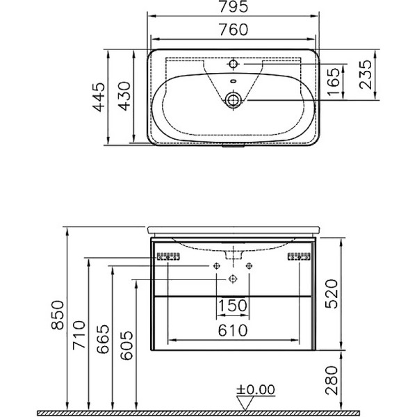 Тумба подвесная Vitra Nest 80 см с раковиной c 2мя ящиками, с LED подсветкой, натуральная древесина (56147)