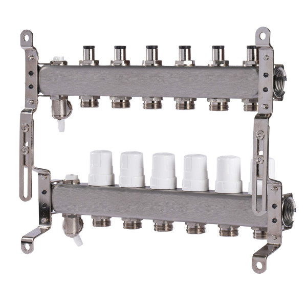 Коллекторная группа 6 отводов 1"*3/4"(18) ЕК с регулировочными клапанами Okseler (нерж.ст) с дренажным краном и краном Маевского (Oks00305)