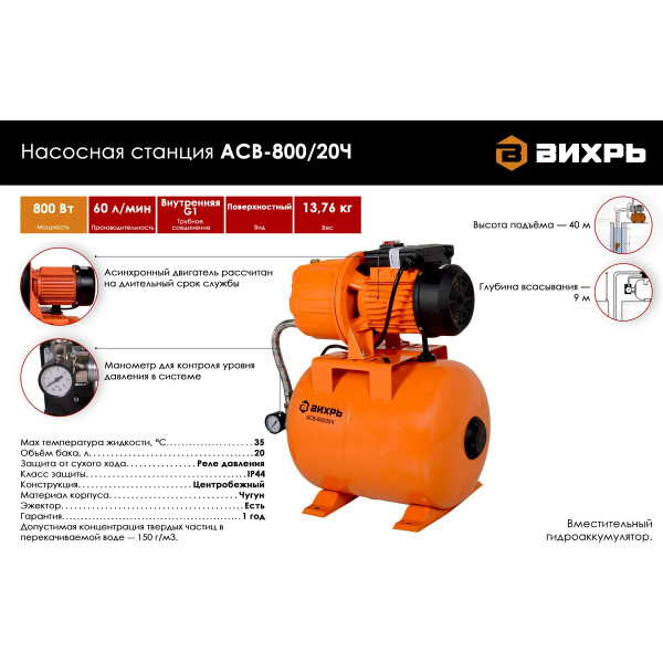 Станция водоснабжения автономная Вихрь АСВ-800/20Ч (68/1/13)