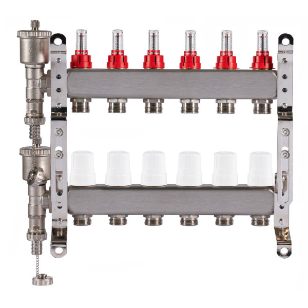 Коллекторная группа 6 отводов 1"*3/4"(18) ЕК с расходомерами Okseler (нерж.ст) с автоматическим воздухоотводчиком и спускным краном (Oks00344)
