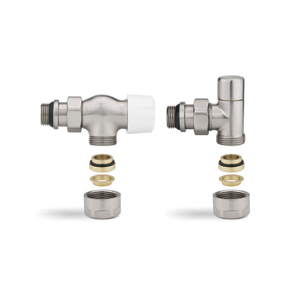 Комплект радиаторных клапанов угловой (осевой) 1/2"х3/4"(18)ЕК Varmega №3 (матовый никель) (VMDV12-510415)