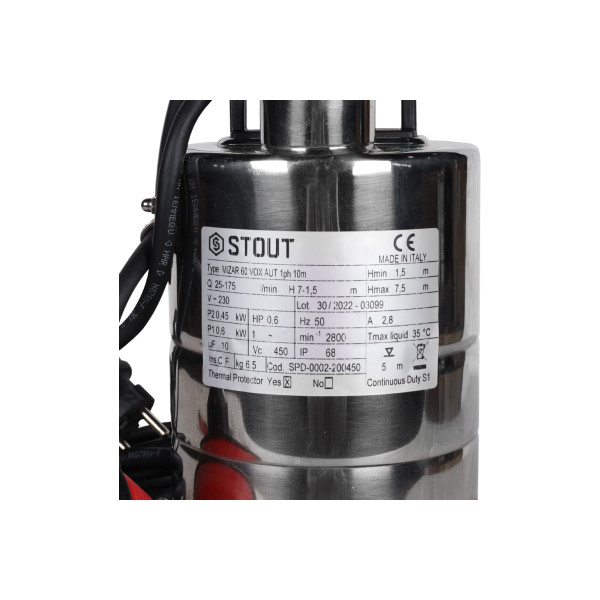 Насос дренажный Stout с поплавком, нерж.раб.колесо, кабель 10 м, 230V, Q=175 л/мин, H=7,5 м SPD-0002-200450 Насос дренажный Stout с поплавком, нерж.раб.колесо, кабель 10 м, 230V, Q=175 л/мин, H=7,5 м SPD-0002-200450