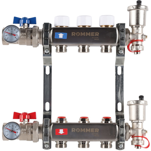 Коллекторная группа Rommer 3 отвода 1"x3/4" в сборе без расходомеров (нерж.сталь) (RMS-3210-000003)