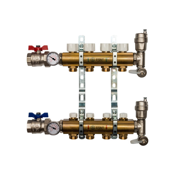 Коллекторная группа 4 отвода 1"x3/4"(18)EK в сборе без расходомеров Stout (латунь) (SMB-0468-000004) Коллекторная группа 4 отвода 1"x3/4"(18)EK в сборе без расходомеров Stout (латунь) (SMB-0468-000004)