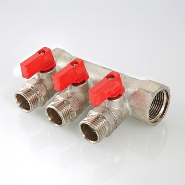 Коллектор 3 отв. с шар. клапанами 1"*1/2" Valtec (никель) красные ручки (VTc.580.N.0603) Коллектор 3 отв. с шар. клапанами 1"*1/2" Valtec (никель) красные ручки (VTc.580.N.0603)