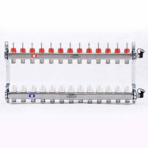 Коллекторная группа Uni-Fitt 13 отводов 1"х3/4" с расходомерами и термостатическими вентилями нерж. сталь
