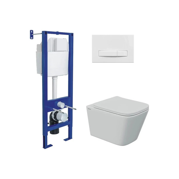 Комплект инсталляция с унитазом Berges Atom Line кнопка белая, унитаз Floe S Rimless 51 см, сиденье с soft-close (043346)